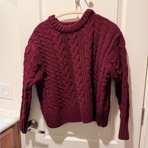 Pink Rose Cable Knit Burgundy Sweater